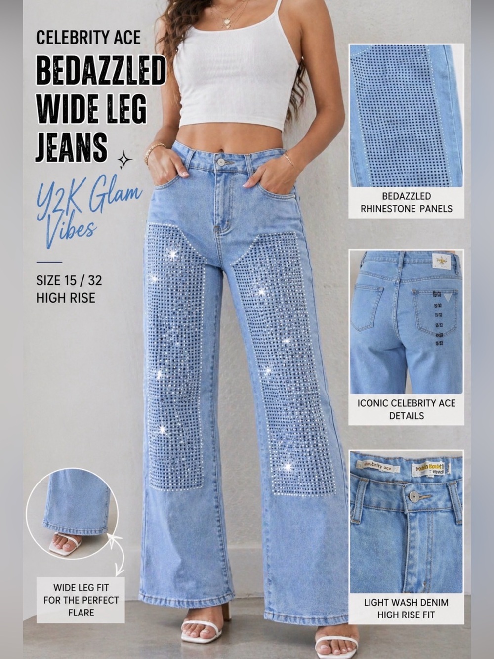 Y2K Rhinestone Wide Leg Jeans Light Wash High Rise Size 15 NWT Glam Denim
